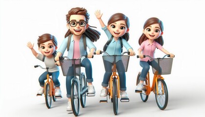 Family biking adventure city park illustration bright and cheerful eye-level view