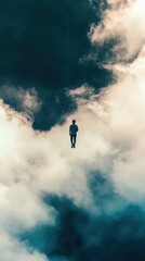 An evocative image of a lone figure floating in a surreal cloudscape, representing existential exploration and the beauty of introspection in a dreamy and atmospheric setting.