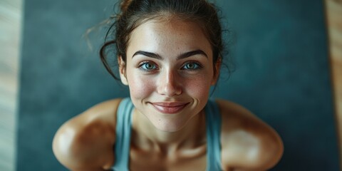 A young woman with a neutral expression looking towards the camera, poised in a yoga pose.