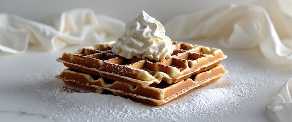 Fototapeta premium crispy golden brown waffles topped with powdered sugar delicious breakfast treat.