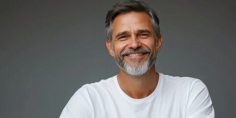 Obraz premium Mature male with beard, smiling broadly in white t-shirt.