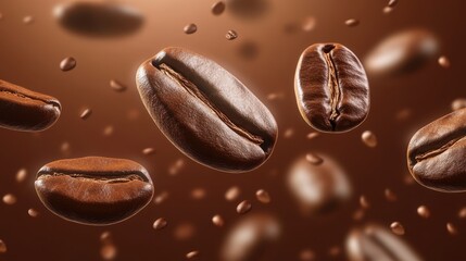 Fototapeta premium Floating coffee beans on brown background with motion effect