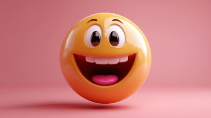 Fototapeta premium Cheerful emoji face with big eyes and smile on pink background