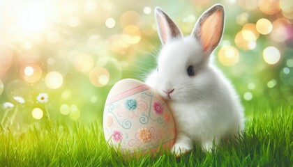 Fototapeta premium White bunny with a flower-adorned Easter egg on grassyWhite bunny with a flower-adorned Easter egg on grassy field, blurred floral background, in warm sunlight, capturing Easter's joy and serenity.