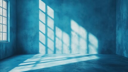 Sunlight streaming through window casting shadows on empty blue room
