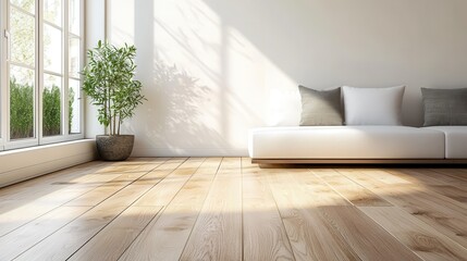 Sunlit minimalist living room with wooden flooring and green plant by large window
