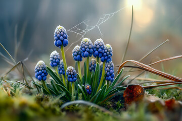 Spring flowers muscari bloom in the forest, delicate flower petals in the morning, nature awakening in early spring. For floral prints, seasonal backgrounds, spring transition blogs. Copy space