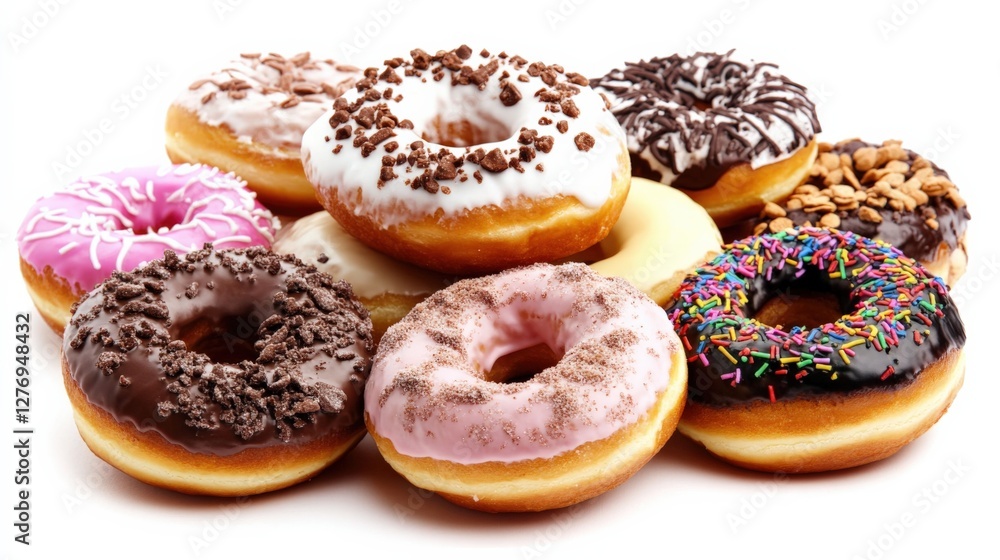 Poster a colorful assortment of donuts with various toppings arranged on a white background