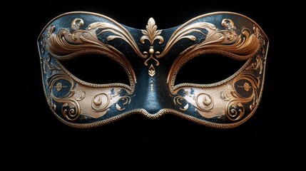 Elegant black and gold venetian mask with ornate baroque detailing on a dark background