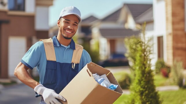 Smiling Deliveryman in Uniform with Parcel Bringing Excellent Delivery Service in Urban Neighborhood Outdoors