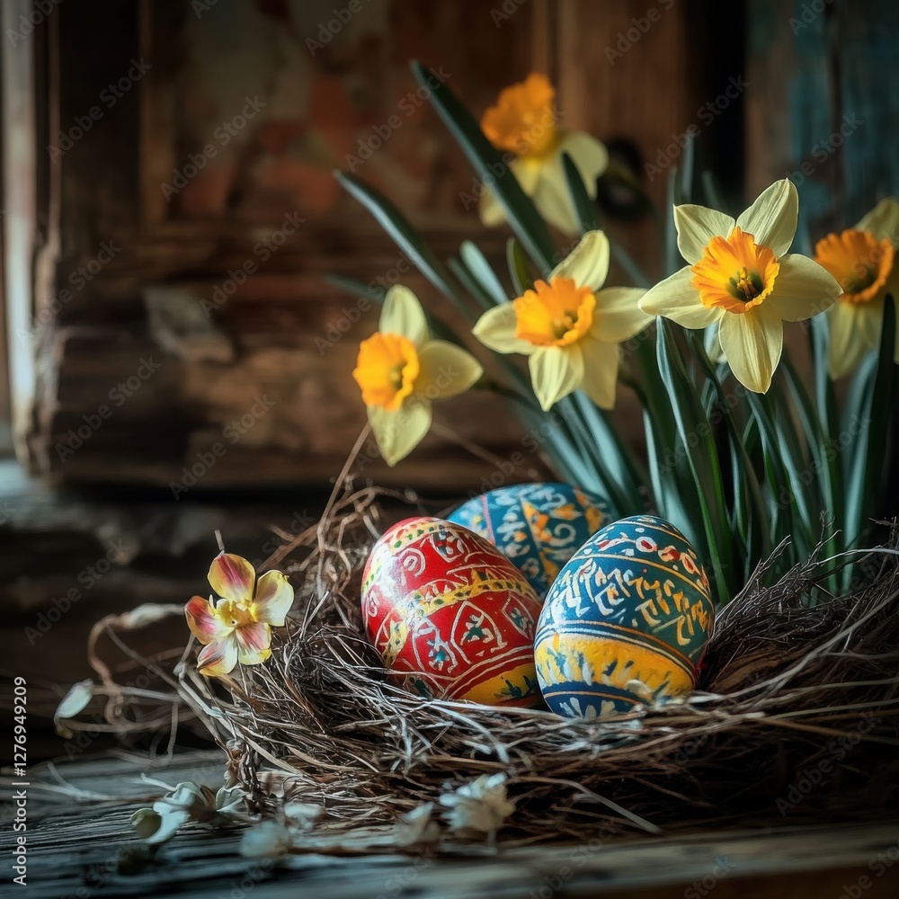 Poster easter eggs in a nest with daffodils, in a rustic style, painted on easter eggs and flower decoratio