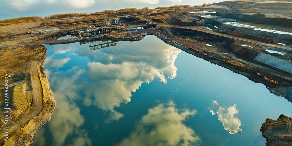 Poster mining ponds reflect clouds in aerial landscape view. generative ai