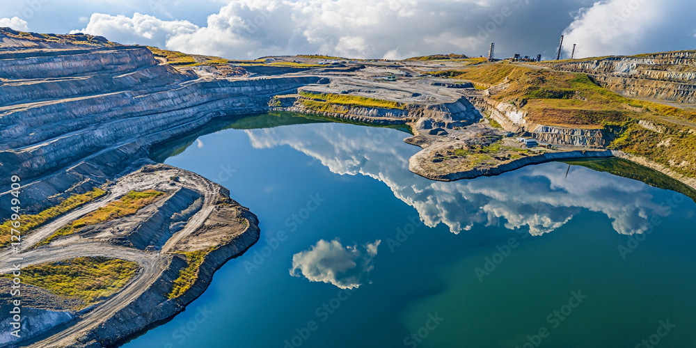 Poster mining ponds reflect clouds in aerial view showcasing excavation. generative ai