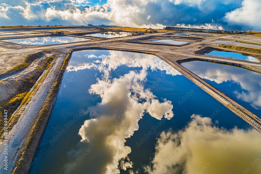 Aufkleber Aerial view of mining ponds reflecting clouds and sky. Generative AI
