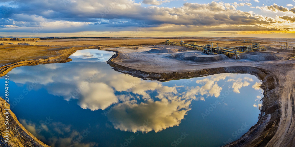 Poster Exploring expansive mining ponds under dramatic clouds. Generative AI