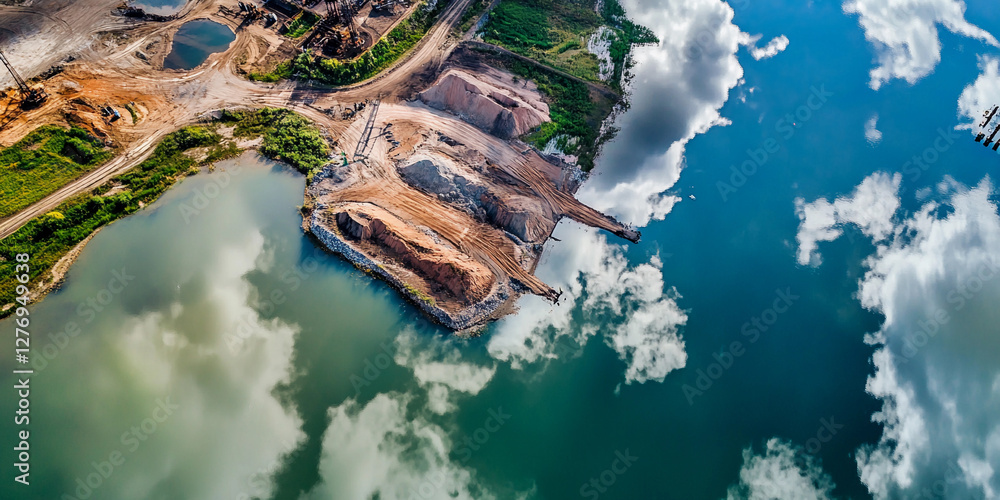 Poster mining ponds reflect clouds in aerial view over landscape. generative ai