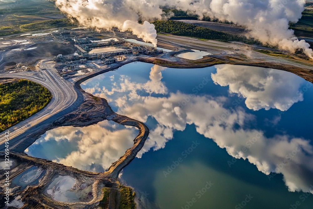 Poster Mining ponds reflecting clouds in an aerial view. Generative AI