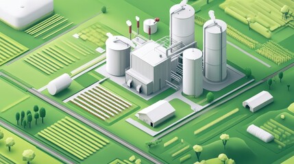 Isometric Farming Landscape: Biofuel Energy & Corn Power Plant Amidst Vibrant Agricultural Fields