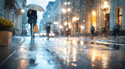 Obraz premium Moody Urban Ambiance: Woman Walking with Umbrella in Rainy City Lights