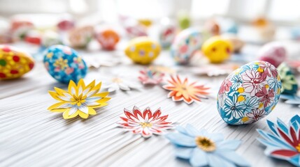 Easter Eggs and Floral Decorations: A Vibrant Spring-Themed Celebration with Colorful Designs