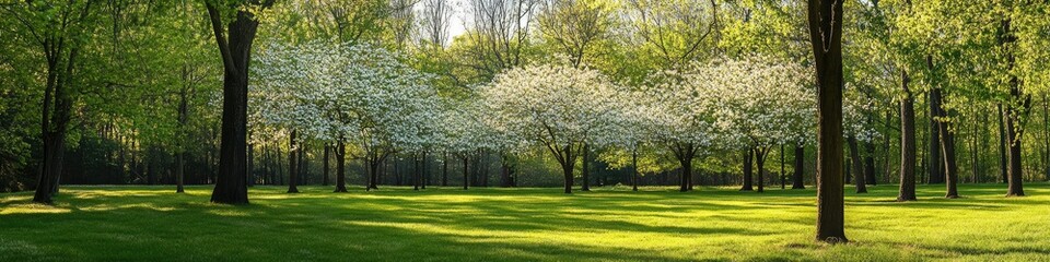 Fototapeta premium Springtime Tapestry: Flourishing Dogwood Trees and Vibrant Foliage in the Heart of the Midwest