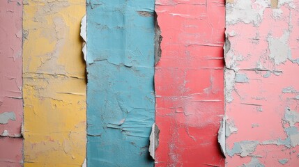 Peeling colorful painted plaster wall with cracks and texture