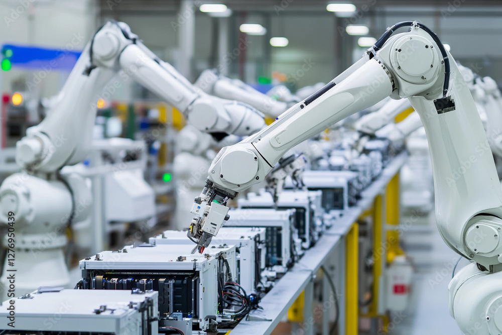Aufkleber robotic arms assemble lithium-ion batteries in factory setting. generative ai