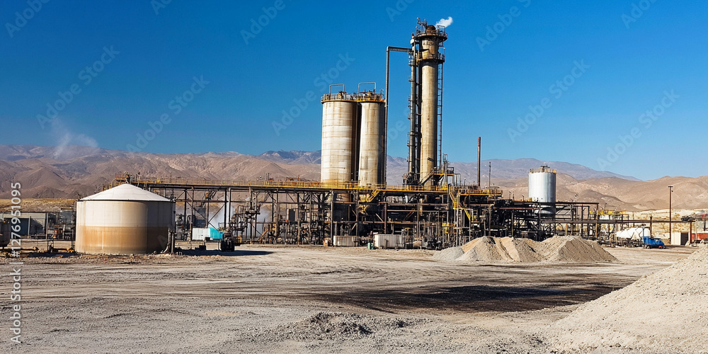 Poster lithium mining operation in arid landscape of south america. generative ai