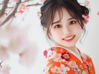 Fototapeta premium 桜の木の下で微笑む美しい女性 Beautiful Woman Smiling Under Cherry Blossom Tree