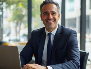 Fototapeta premium Man wearing suit, smiling at camera. Business setting with laptop and city skyline in background.