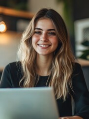 Fototapeta premium A young woman with her hair tied back, smiling while working on a laptop.