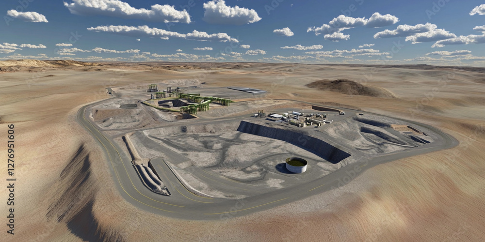 Poster simulated aerial view showcasing lithium extraction site. generative ai