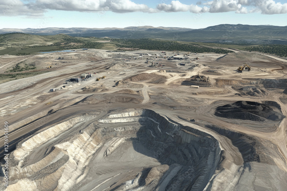 Poster Simulated aerial view showing lithium extraction site development. Generative AI