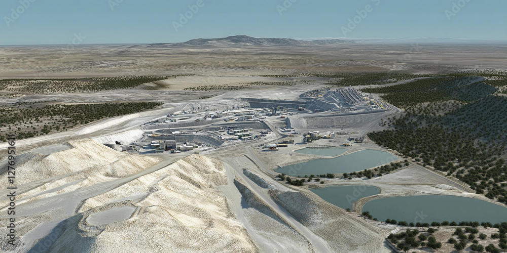 Poster Simulated aerial view displaying lithium mining operations. Generative AI