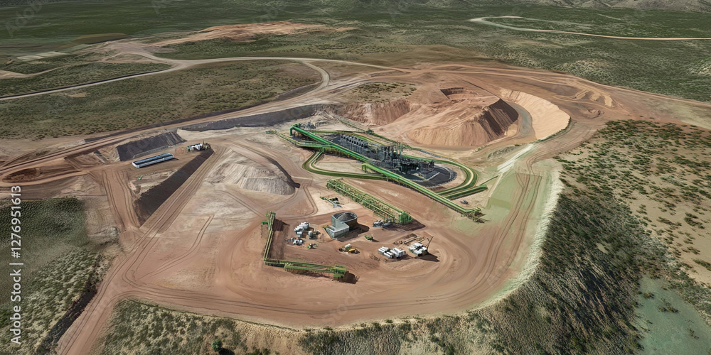 Poster simulated aerial perspective of lithium extraction site. generative ai