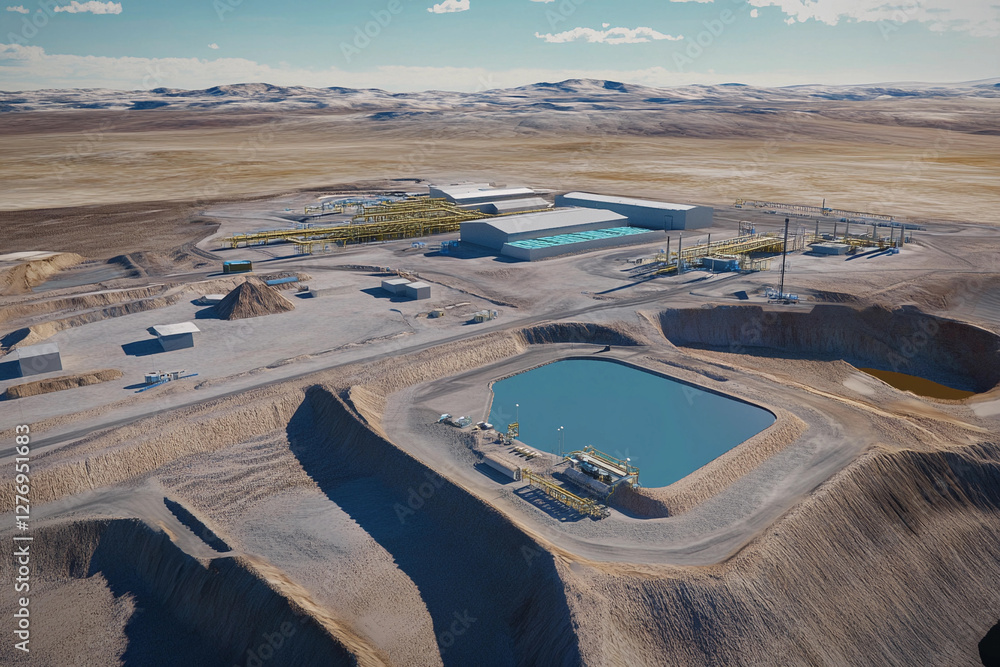 Poster simulated aerial view showcasing lithium extraction facility. generative ai