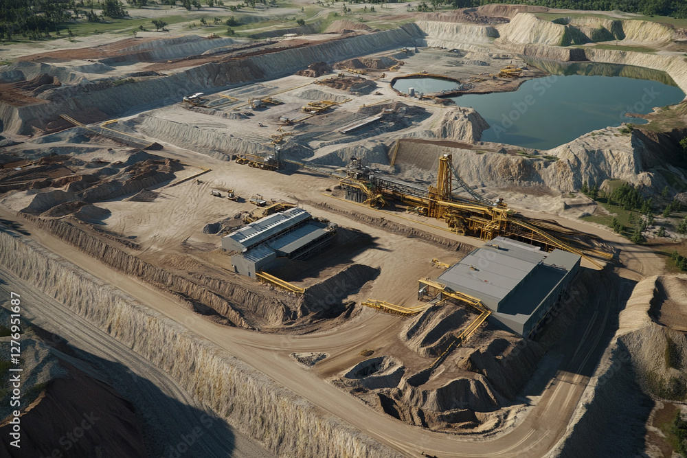 Poster Simulated aerial view showcasing lithium mining operation. Generative AI