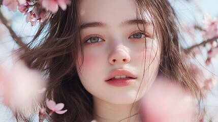 Naklejka premium 桜の木の下で微笑む美しい女性 Beautiful Woman Smiling Under Cherry Blossom Tree