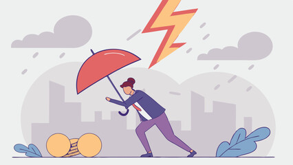 Business Struggles Concept: Woman Carrying Coins Amidst Falling Market Trends