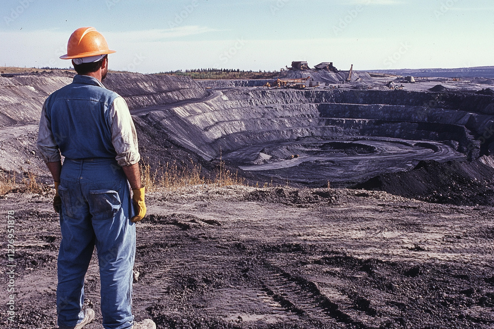 Poster worker in overalls and hard hat surveying mining site. generative ai