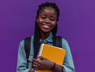 Obraz premium A young African girl poses confidently with a yellow book. She's wearing a backpack, showing her prepared for school.