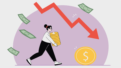 Business Struggles Concept: Woman Carrying Coins Amidst Falling Market Trends