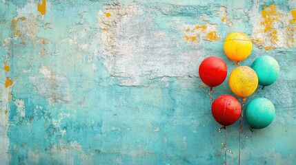 Brightly colored balloons against a blue, peeling wall with paint splatters and rust.
