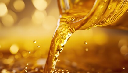 Close-Up Shot Of Cooking Oil Being Poured With Freeze Motion Of Liquid Splashing In The Air. Magnified View Of Pouring Oil.
