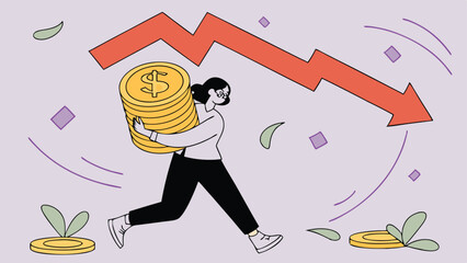 Business Struggles Concept: Woman Carrying Coins Amidst Falling Market Trends