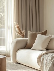 Stylish contemporary living room with neutral tones, sleek furniture, and natural light.