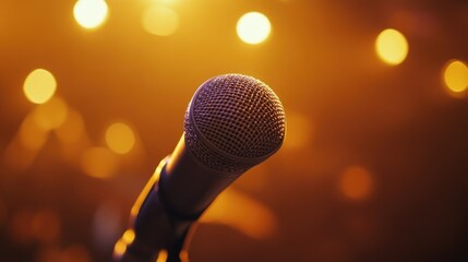 Close-up shot of a vintage microphone on stage with blurred lights in the background.