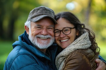 Fototapeta premium Joyful Baby Boomer Couple Embracing in a Picturesque Park Setting