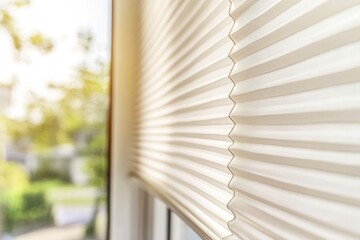 Wooden blinds on large windows, sunlight. Elegant living room interior with houseplants, wood blinds. Motorized jalousie in the smart house. Modern window shutters, roller. Duo system day and night.