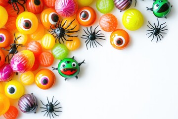 Fototapeta premium Spooky Candy Creatures: A Whimsical Halloween Scene of Bugs and Treats Overflowing on a Festive White Canvas